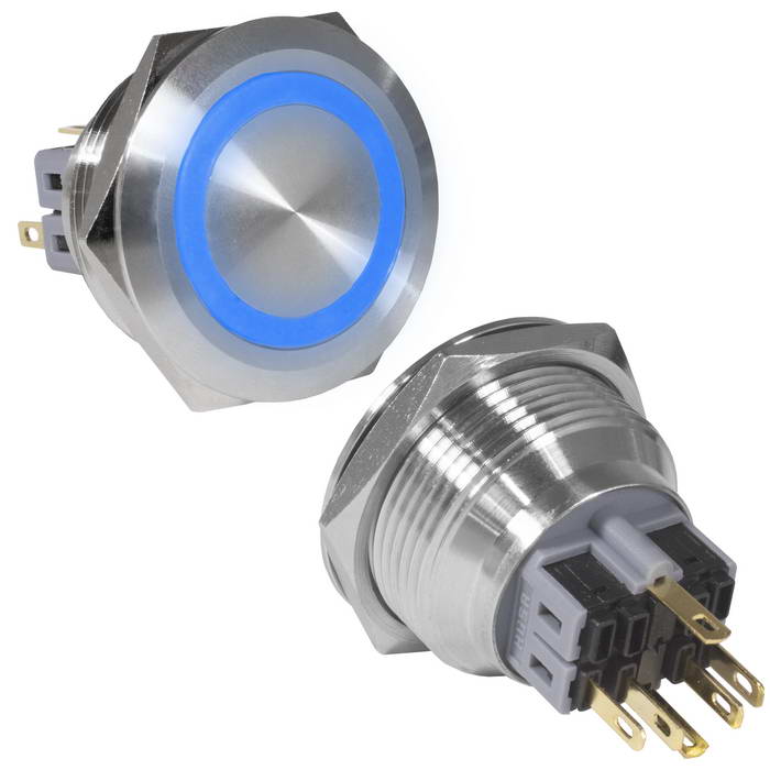 Кнопка антивандальная RUICHI GQ30-11E/B/N, ON-(OFF)+OFF-(ON), рабочая температура - 25…+55 °C, никелированная латунь