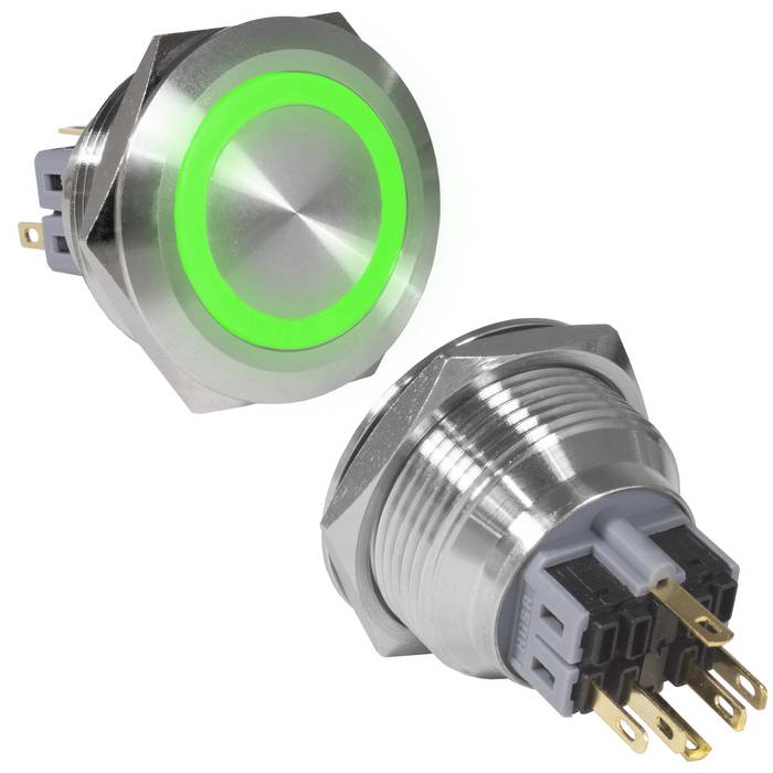 Кнопка антивандальная RUICHI GQ30-11E/G/N, ON-(OFF)+OFF-(ON), рабочая температура -  25…+55 °C, никелированная латунь