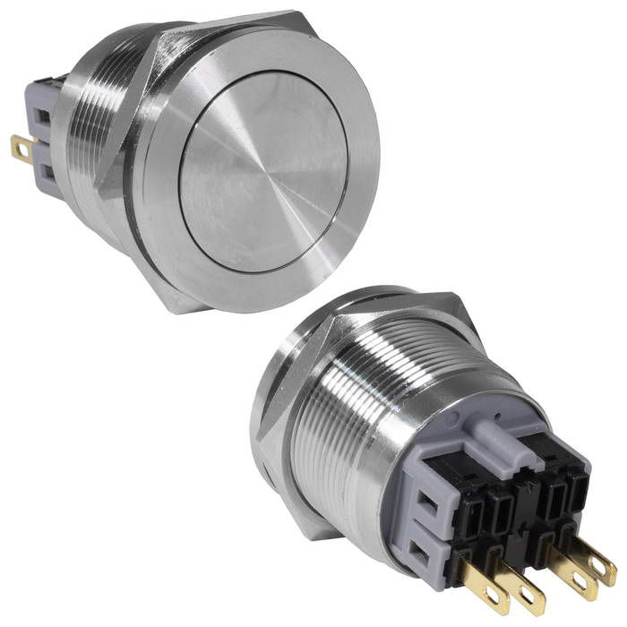 Кнопка антивандальная RUICHI GQ25PF-11/N, ON-(OFF)+OFF-(ON), рабочая температура - 25…+55 °C, никелированная латунь