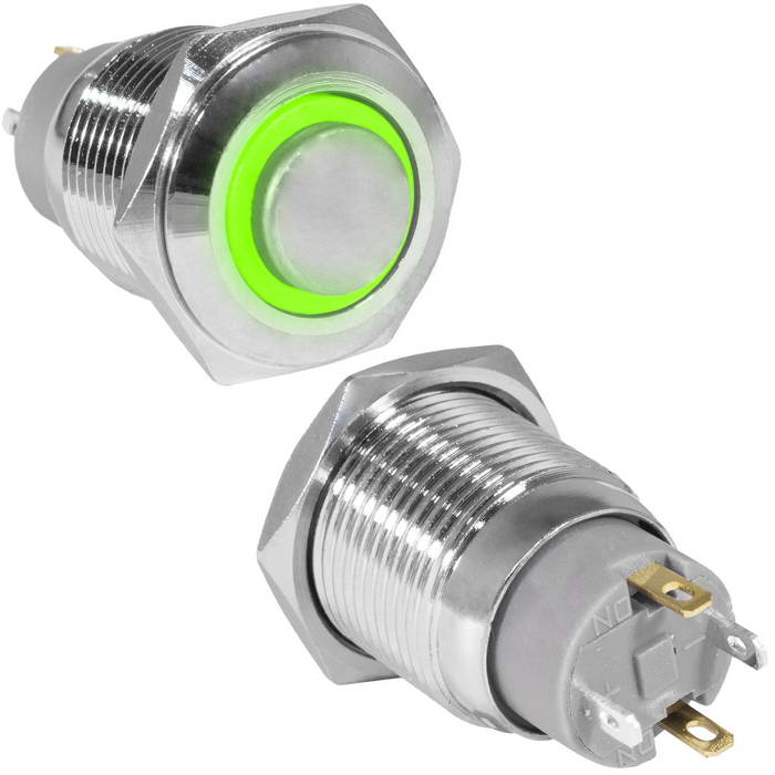 Кнопка антивандальная RUICHI GQ16H-10ZE/J/G/N, OFF-ON, рабочая температура -25…+55 °C,    никелированная латунь