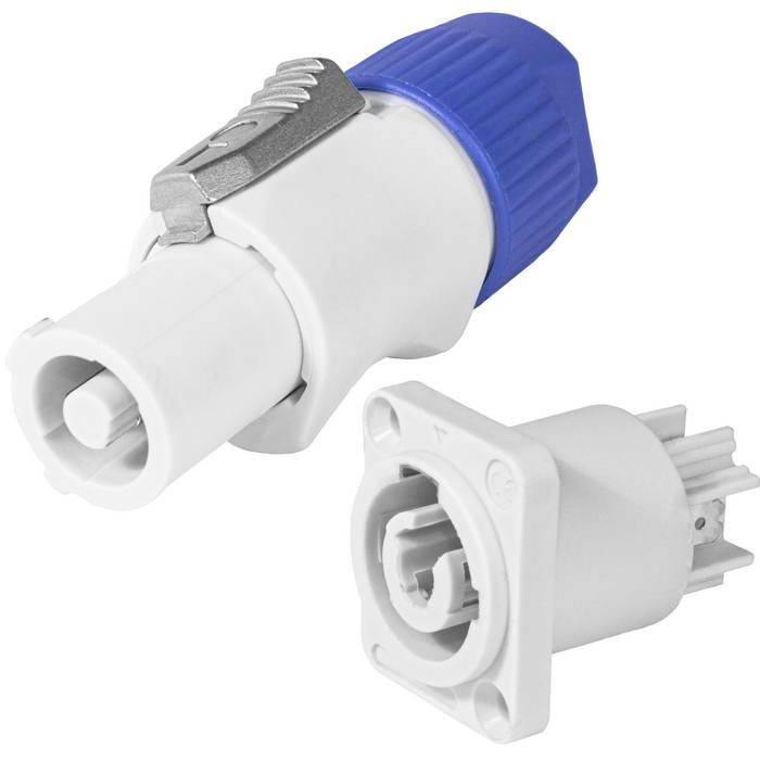 Разъем питания XLR с фиксатором RUICHI NAC3FCB-R, 3 контакта, 20 А, 250 В, 3 мОм, на панель, крепление корпуса винтовое, корпус PA66, синий/серый