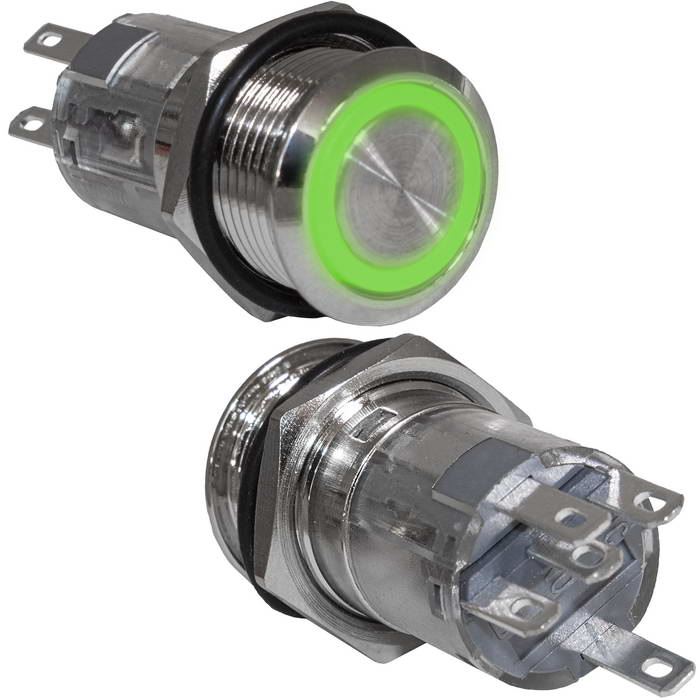 Кнопка антивандальная с подсветкой RUICHI LAS2GQF-11E/G/N, ON-(ON) без фиксации, М16, подсветка 12 В, 250 В, 3 А, 50 мОм, -25...+55 °C, корпус никелированная латунь, индикатор кольцевой, цвет индикатора зеленый