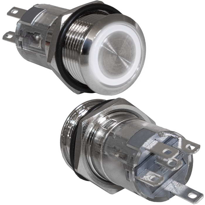 Кнопка антивандальная с подсветкой RUICHI LAS2GQF-11E/W/N, ON-(ON) без фиксации, М16, подсветка 12 В, 250 В, 3 А, 50 мОм, -25...+55 °C, корпус никелированная латунь, индикатор кольцевой, цвет индикатора белый