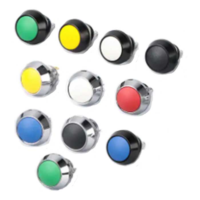 Кнопка антивандальная без подсветки RUICHI GQ12B-10/J/B/B/N, 1NO, ОFF-(ON) без фиксации, пос. диаметр 12 мм, контакты 2Pin, 2 А, 50 мОм, -20...+55 °C, корпус пластиковый черный, кнопка черная