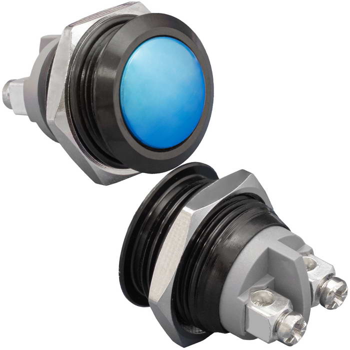 Кнопка антивандальная без подсветки RUICHI GQ16B-10/B/Bl/N, 1NO, ОFF-(ON) без фиксации, пос. диаметр 16 мм, контакты 2S, 2 А, 50 мОм, -20...+55 °C, корпус пластиковый черный, кнопка синяя
