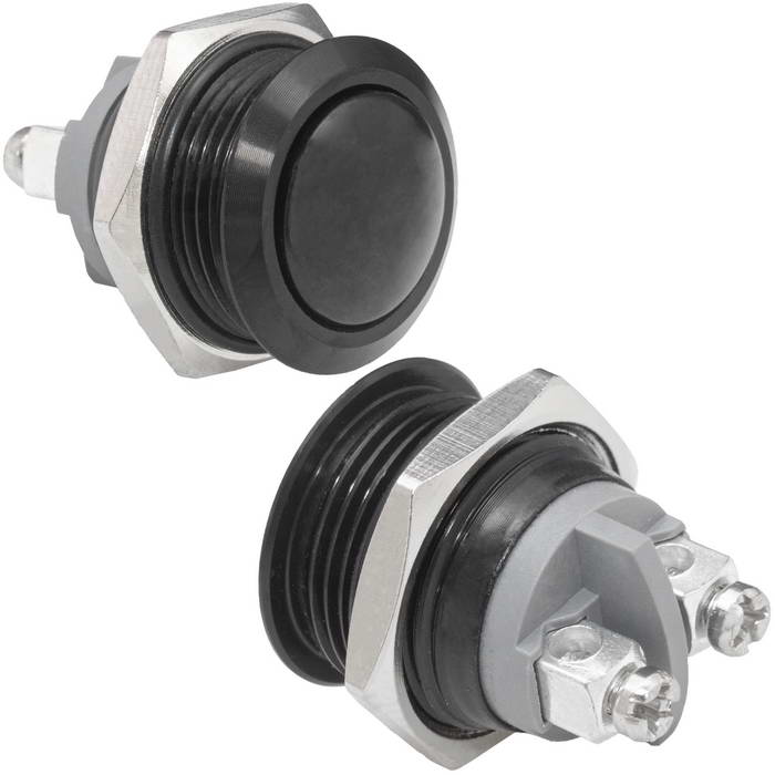 Кнопка антивандальная без подсветки RUICHI GQ16B-10/B/B/N, 1NO, ОFF-(ON) без фиксации,  пос. диаметр 16 мм, контакты 2S, 2 А, 50 мОм, -20...+55 °C, корпус пластиковый черный,  кнопка черная