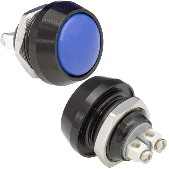 Кнопка антивандальная без подсветки RUICHI GQ12B-10/B/Bl/N, 1NO, ОFF-(ON) без фиксации, пос. диаметр 12 мм, контакты 2S, 2 А, 50 мОм, -20...+55 °C, корпус пластиковый черный, кнопка синяя