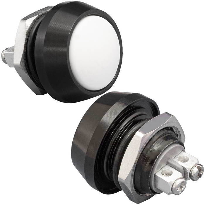 Кнопка антивандальная без подсветки RUICHI GQ12B-10/B/W/N, 1NO, ОFF-(ON) без фиксации, пос. диаметр 12 мм, контакты 2S, 2 А, 50 мОм, -20...+55 °C, корпус пластиковый черный, кнопка белая