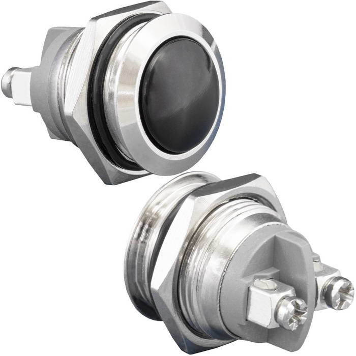 Кнопка антивандальная без подсветки RUICHI GQ16B-10/B/N, 1NO, ОFF-(ON) без фиксации, пос. диаметр 16 мм, контакты 2S, 2 А, 50 мОм, -20...+55 °C, корпус никелированная латунь, кнопка черная