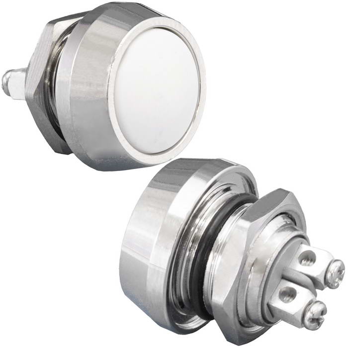 Кнопка антивандальная без подсветки RUICHI GQ12B-10/W/N, 1NO, ОFF-(ON) без фиксации, пос. диаметр 12 мм, контакты 2S, 2 А, 50 мОм, -20...+55 °C, корпус никелированная латунь, кнопка белая