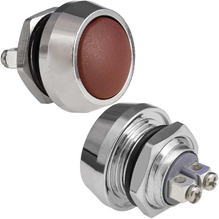 Кнопка антивандальная без подсветки RUICHI GQ12B-10/R/N, 1NO, ОFF-(ON) без фиксации, пос. диаметр 12 мм, контакты 2S, 2 А, 50 мОм, -20...+55 °C, корпус никелированная латунь, кнопка красная