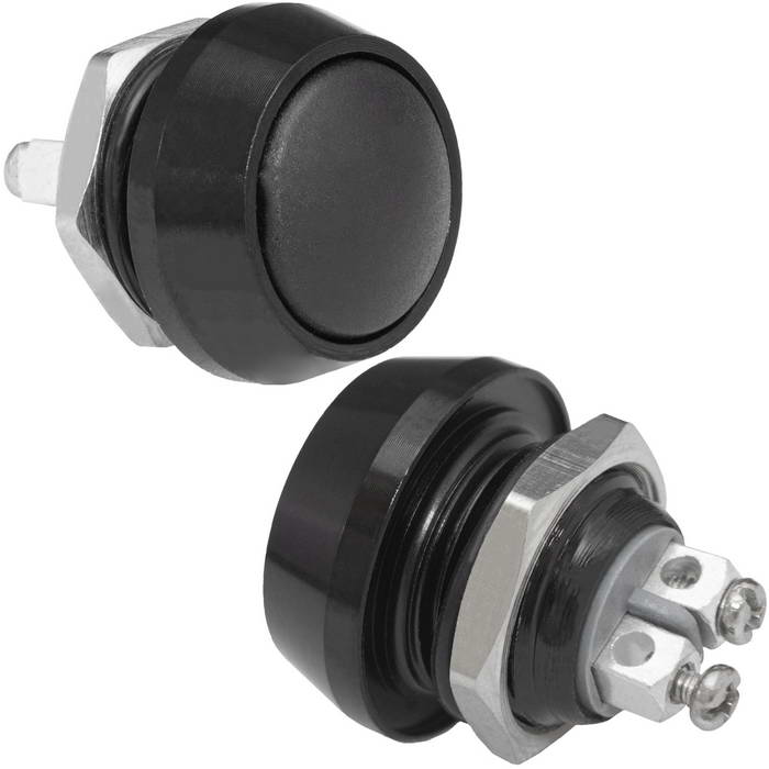 Кнопка антивандальная без подсветки RUICHI GQ12B-10/B/B/N, 1NO, ОFF-(ON) без фиксации, пос. диаметр 12 мм, контакты 2S, 2 А, 50 мОм, -20...+55 °C, корпус пластиковый черный, кнопка черная