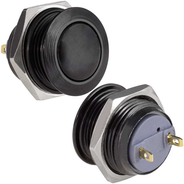 Кнопка антивандальная без подсветки RUICHI GQ16B-10/J/B/B/N, 1NO, ОFF-(ON) без фиксации, пос. диаметр 16 мм, контакты 2Pin, 2 А, 50 мОм, -20...+55 °C, корпус пластиковый черный, кнопка черная