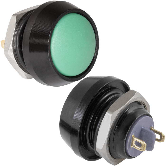 Кнопка антивандальная без подсветки RUICHI GQ12B-10/J/B/G/N, 1NO, ОFF-(ON) без фиксации, пос. диаметр 12 мм, контакты 2Pin, 2 А, 50 мОм, -20...+55 °C, корпус пластиковый черный, кнопка зеленая