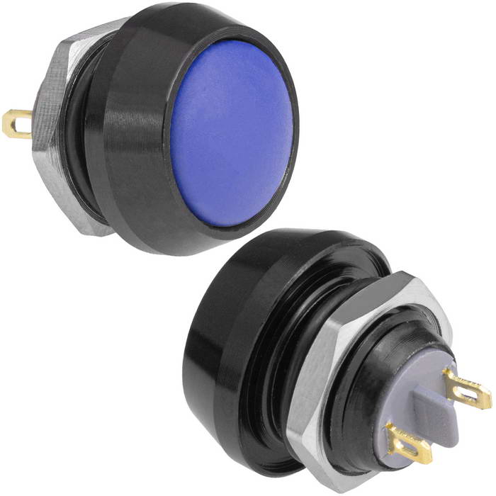 Кнопка антивандальная без подсветки RUICHI GQ12B-10/J/B/Bl/N, 1NO, ОFF-(ON) без фиксации, пос. диаметр 12 мм, контакты 2Pin, 2 А, 50 мОм, -20...+55 °C, корпус пластиковый черный, кнопка синяя