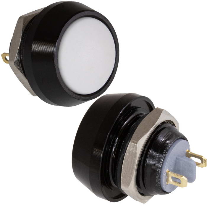 Кнопка антивандальная без подсветки RUICHI GQ12B-10/J/B/W/N, 1NO, ОFF-(ON) без фиксации, пос. диаметр 12 мм, контакты 2Pin, 2 А, 50 мОм, -20...+55 °C, корпус пластиковый черный, кнопка белая
