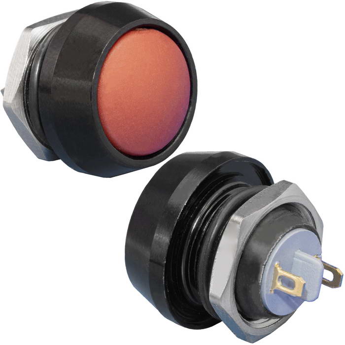 Кнопка антивандальная без подсветки RUICHI GQ12B-10/J/B/R/N, 1NO, ОFF-(ON) без фиксации, пос. диаметр 12 мм, контакты 2Pin, 2 А, 50 мОм, -20...+55 °C, корпус пластиковый черный, кнопка красная