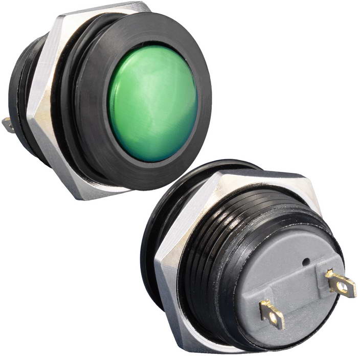 Кнопка антивандальная без подсветки RUICHI GQ16B-10/J/B/G/N, 1NO, ОFF-(ON) без фиксации, пос. диаметр 16 мм, контакты 2Pin, 2 А, 50 мОм, -20...+55 °C, корпус пластиковый черный, кнопка зеленая
