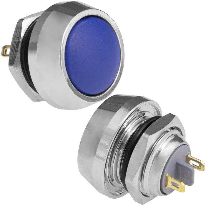 Кнопка антивандальная без подсветки RUICHI GQ12B-10/J/B/N, 1NO, ОFF-(ON) без фиксации, пос. диаметр 12 мм, контакты 2Pin, 2 А, 50 мОм, -20...+55 °C, корпус никелированная латунь, кнопка черная