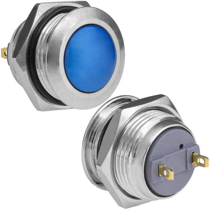 Кнопка антивандальная без подсветки RUICHI GQ16B-10/J/Bl/N, 1NO, ОFF-(ON) без фиксации, пос. диаметр 16 мм, контакты 2Pin, 2 А, 50 мОм, -20...+55 °C, корпус никелированная латунь, кнопка синяя