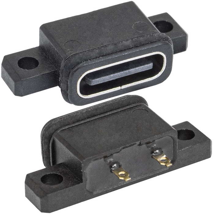 Разъём USB3.1-TYPE-C 24PF C IPX8-001, 2 контакта, 5 А, 20 В, 40 мОм, корпус пластиковый черный с проушинами под крепление