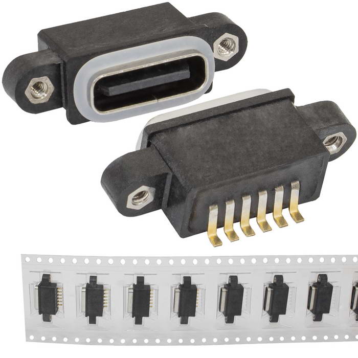Разъём USBA-6F TYPE-C IPX8-001, 6 контактов, 1.5 А, 30 В, корпус пластиковый черный с  проушинами под винты
