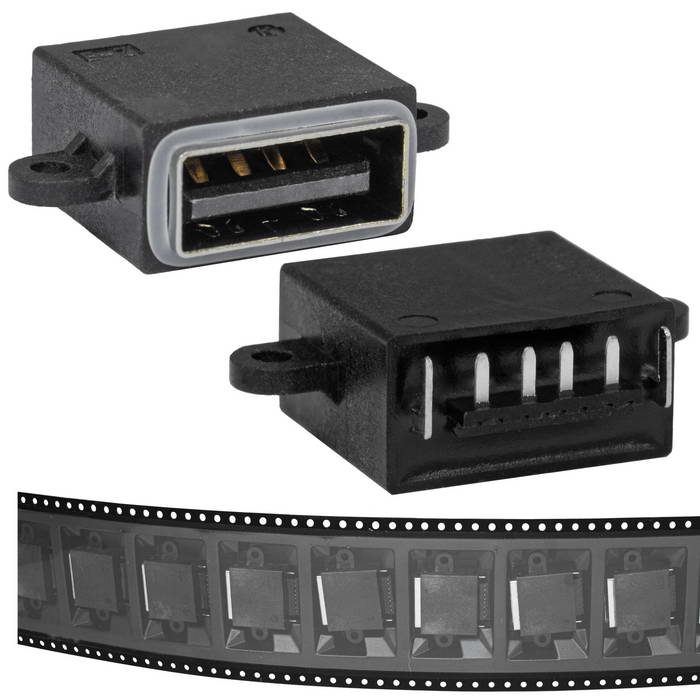 Разъём USBA-4F C IPX8-002, 4 контакта, 1.5 А, 30 В, корпус пластиковый черный с проушинами под крепление