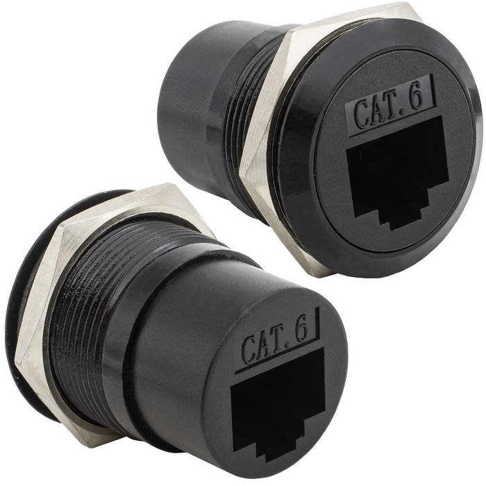 Панельный модуль (переходник) передачи данных RJ45-6A PN, прямой порт RJ45, крепление  гайка с резьбой, корпус пластиковый, цвет черный