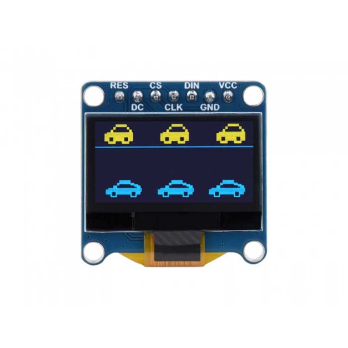 0.96-дюймовый модуль OLED-дисплея Waveshare, 0.96inch OLED Module (C), разрешение 128x64,  интерфейсы SPI / I2C, верхняя часть желтая, нижняя часть синяя