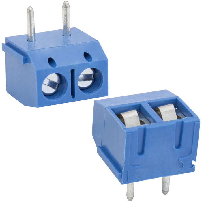 Винтовой модульный клеммный блок RUICHI RG301R-5.0-02P ( DG301R-5.0-02P / GT301R-5.0- 02P ), угловой, угол 90°, на плату, 2 контакта, шаг 5.00 мм