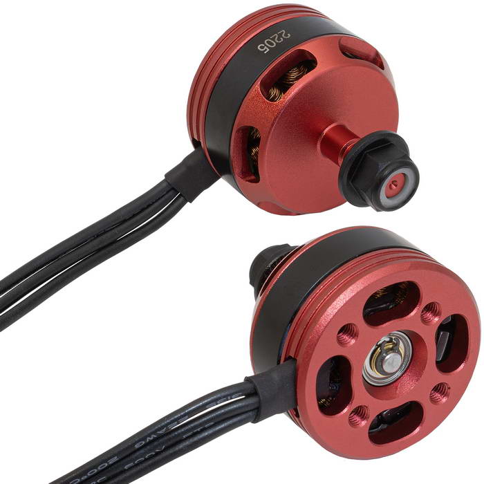 Электродвигатель бесщеточный RUICHI 2205 2600-RH, 2600 kV, диаметр вала с резьбой M5,   гайка с прессшайбой, левое направление резьбы, цвет  черный/красный