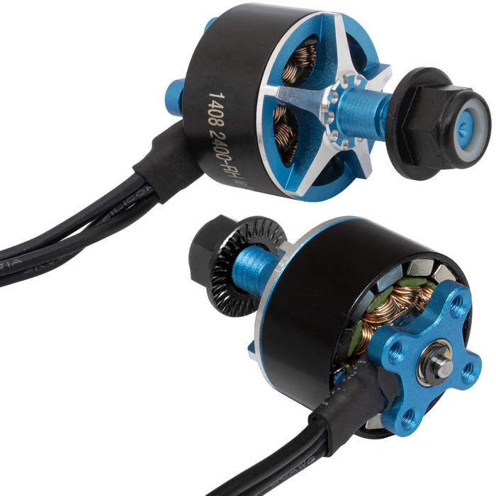 Электродвигатель бесщеточный RUICHI 1408 2400-RH, 2400 kV, диаметр вала с резьбой M5,   гайка с прессшайбой, левое  направление резьбы, цвет черный/синий