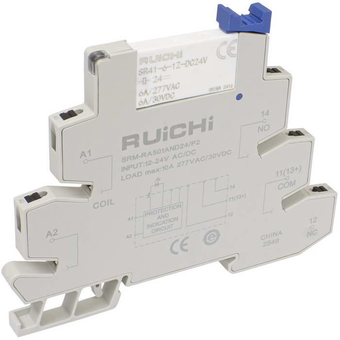Интерфейсный модуль реле RUICHI SRM-RA501AND24/P2, 6 А, 12-24 В AC/DC, 1 перекидной   контакт, моностабильное переключение, с колодкой, пружинный зажим