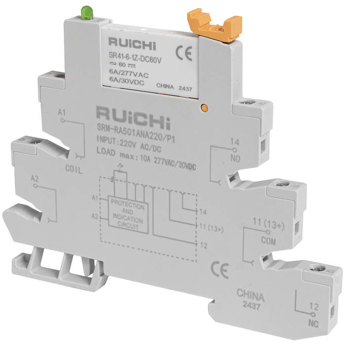 Интерфейсный модуль реле RUICHI SRM-RA501AND220/P1, 6 А, 220 В AC/DC, 1 перекидной   контакт, моностабильное переключение, с колодкой, винтовое соединение