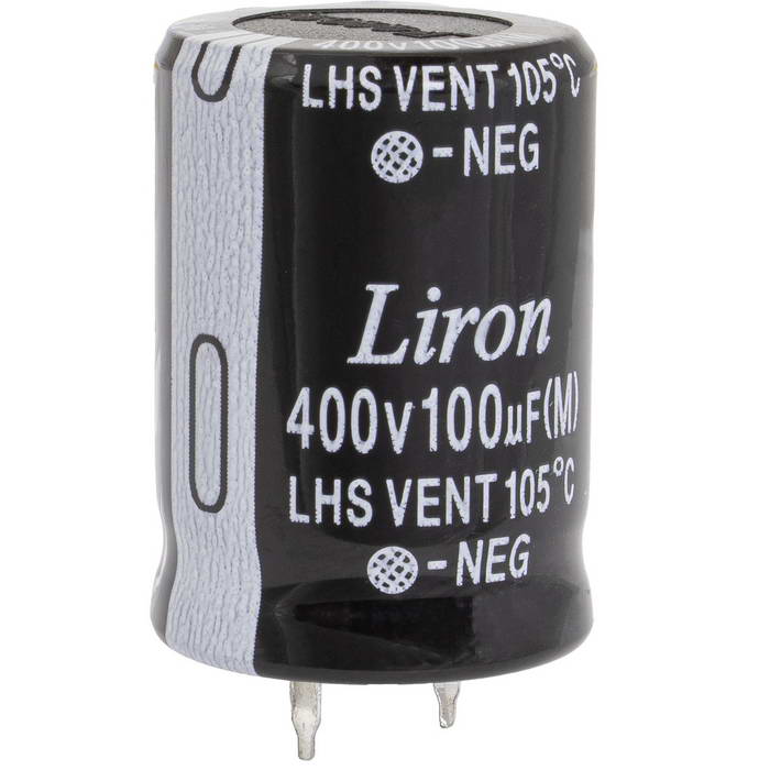 LHS2G101MP030K63B, конденсатор электролитический с жесткими выводами (Snap In)    радиальный Liron, 100 мкФ, 400 В, 22х30 мм, -40…+105 °C, наработка 2000 часов