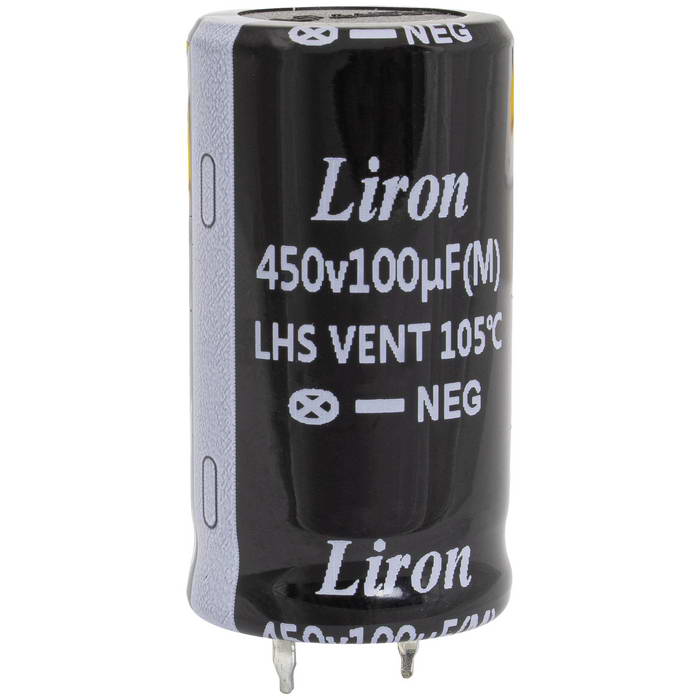 LHS2W101MP040K63B, конденсатор электролитический с жесткими выводами (Snap In)         радиальный Liron, 100 мкФ, 450 В, 22х40 мм, -40…+105 °C, наработка 2000 часов