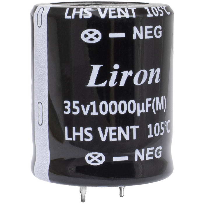 LHS1V103MR035K63B, конденсатор электролитический с жесткими выводами (Snap In) радиальный Liron, 10000 мкФ, 35 В, 30х35  мм, -40…+105 °C, наработка 2000 часов