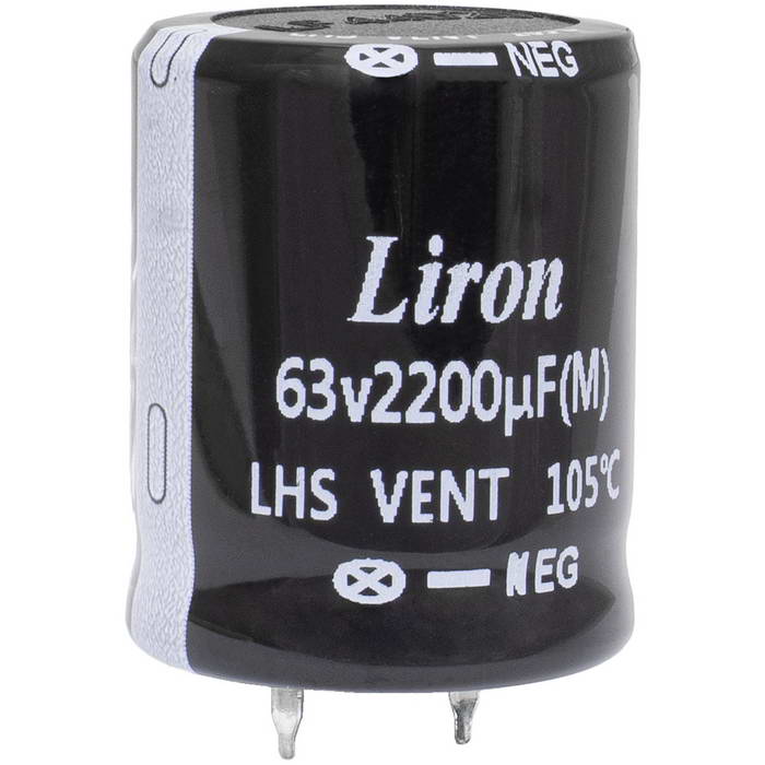 LHS1J222MP035K63B, конденсатор электролитический с жесткими выводами (Snap In) радиальный Liron, 2200 мкФ, 63 В, 22х35     мм, -40…+105 °C, наработка 2000 часов