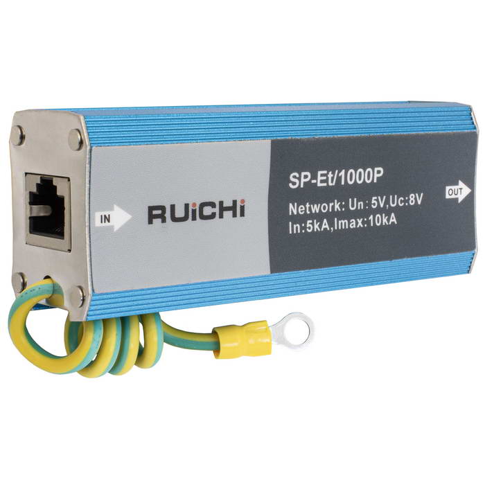 Устройство грозозащиты RUICHI SP-Et/1000P для локальной вычислительной сети (скорость    до 1000 Мбит/с) с защитой линий PoE (af/at, методы A + B, контакты 1/2, 3/6, 4/5, 7/8).