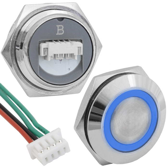 Кнопка антивандальная с подсветкой RUICHI GQ19TF-4E/B/N, OFF-(ON), рабочая температура     -25…+55 °C, никелированная латунь, короткая, синяя, с разъемом