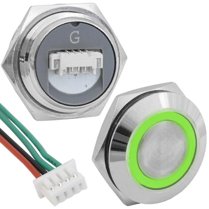 Кнопка антивандальная с подсветкой RUICHI GQ19TF-4E/G/N, OFF-(ON), рабочая температура      -25…+55 °C, никелированная латунь, короткая, зеленая, с разъемом