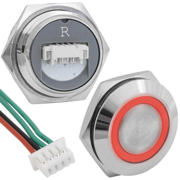 Кнопка антивандальная с подсветкой RUICHI GQ19TF-4E/R/N, OFF-(ON), рабочая температура      -25…+55 °C, никелированная латунь, короткая, красная, с разъемом