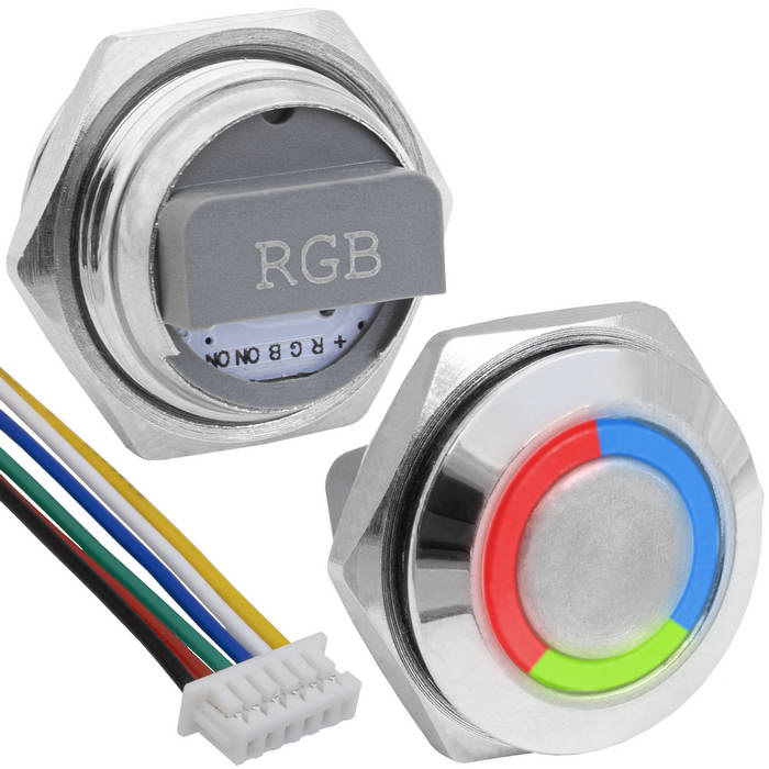 Кнопка антивандальная с подсветкой RUICHI GQ16TF-6E/RGB/N, OFF-(ON), рабочая   температура    -25…+55 °C, никелированная латунь, короткая, трехцветная, с разъемом