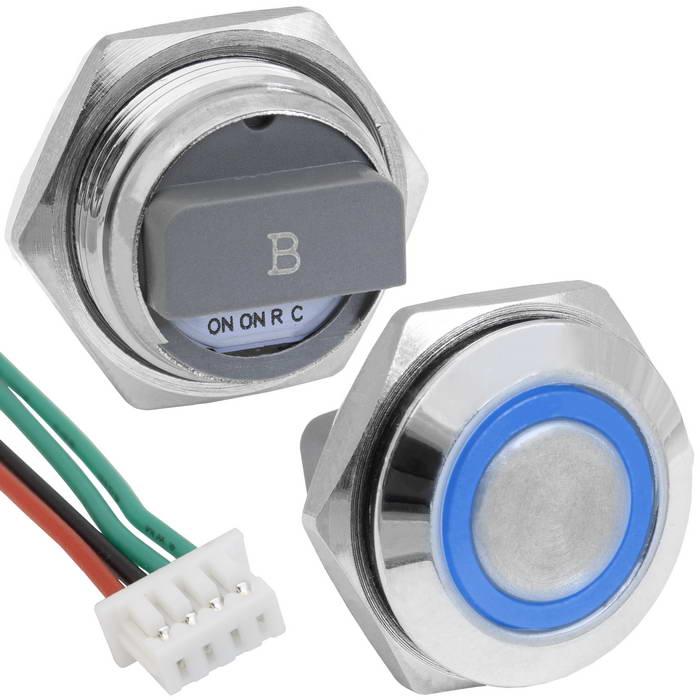 Кнопка антивандальная с подсветкой RUICHI GQ16TF-4E/B/N, OFF-(ON), рабочая температура      -25…+55 °C, никелированная латунь, короткая, синяя, с разъемом