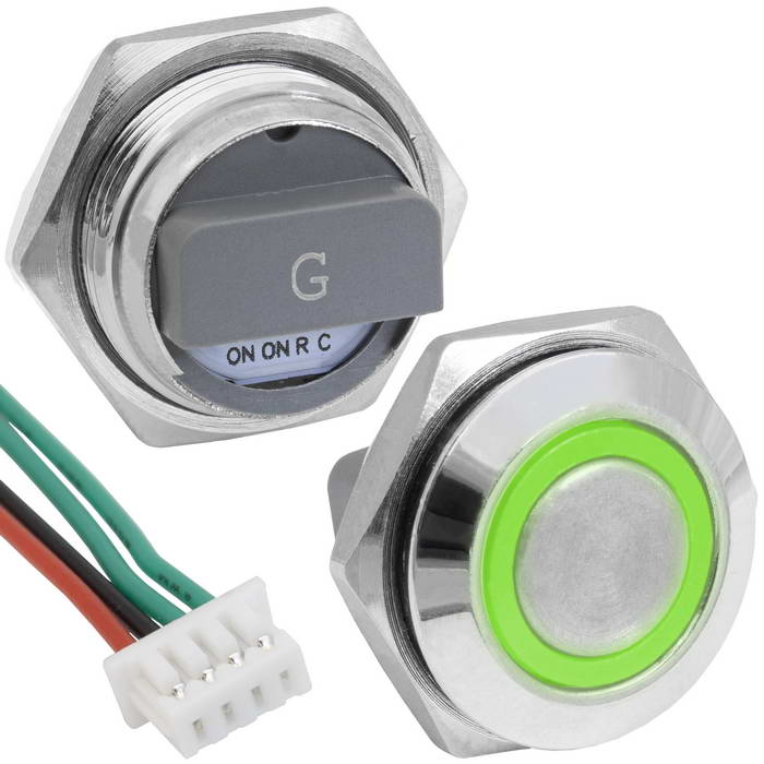 Кнопка антивандальная с подсветкой RUICHI GQ16TF-4E/G/N, OFF-(ON), рабочая температура      -25…+55 °C, никелированная латунь, короткая, зелёная, с разъемом