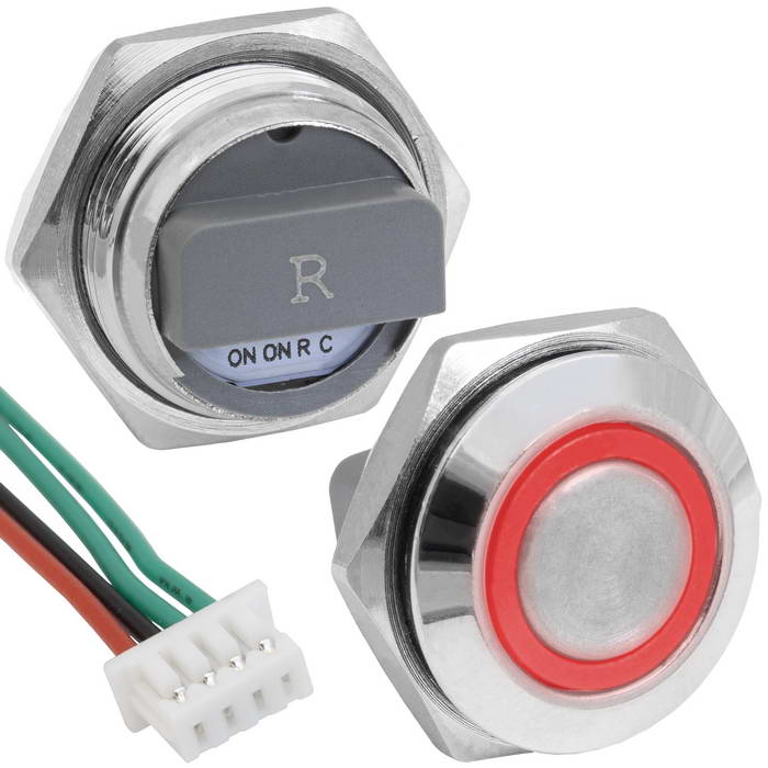 Кнопка антивандальная с подсветкой RUICHI GQ16TF-4E/R/N, OFF-(ON), рабочая температура      -25…+55 °C, никелированная латунь, короткая, красная, с разъемом