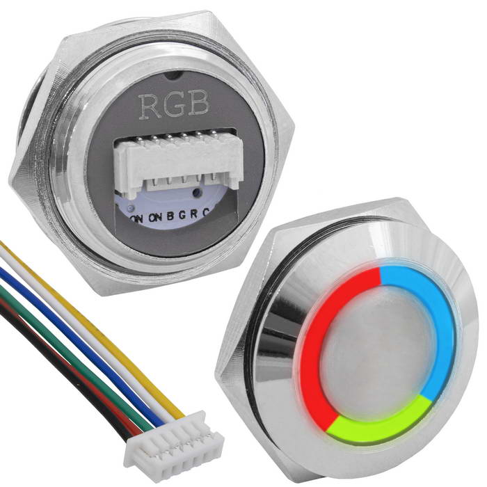 Кнопка антивандальная с подсветкой RUICHI GQ19TF-6E/RGB/N, OFF-(ON), рабочая    температура    -25…+55 °C, никелированная латунь, короткая, трехцветная, с разъемом