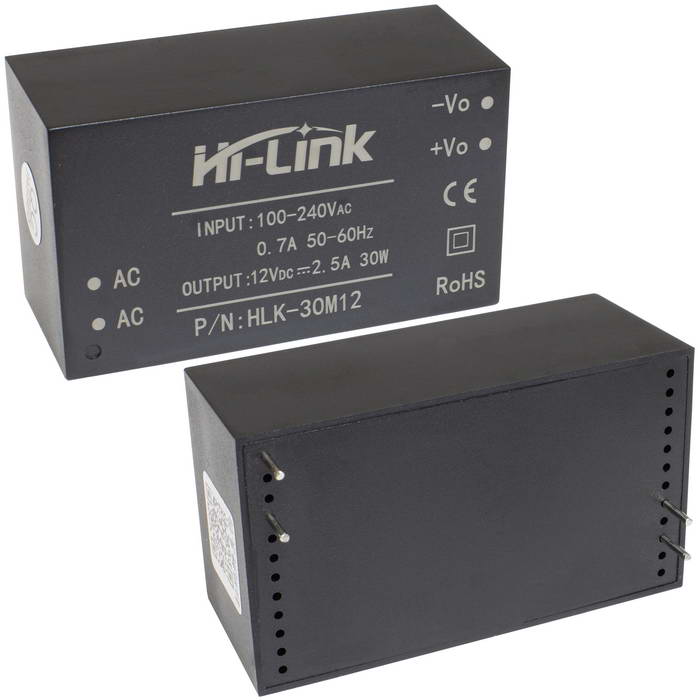 Блок питания на печатную плату Hi-Link HLK-30M12, 85-264 В (АС) 2.5 А, 12 В, корпус из                поликарбоната.
