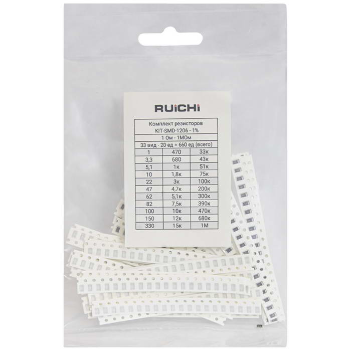 Набор SMD Резисторов 1206, RUICHI KIT-SMD-1206-1-660-33, 1%, 660 шт., 33 Номинала