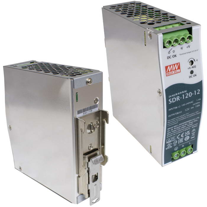 SDR-120-12-MW, Блок питания AC-DC на DIN-рейку 120Вт, выход 12В/10A (пиковый 15А), рег.  вых 12...14В, вход 88:264V AC, 47:63Гц /124:370В DC, изоляция 3000В AC, в кожухе  40х125,2х113,5мм, -25:+70°С
